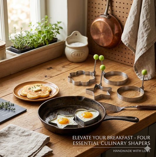 Non-Stick Stainless Steel Egg Shapers - 4 Shapes Omelet & Pancake Rings - Reusable Kitchen Cooking Molds for Perfect Bento & RV Breakfasts