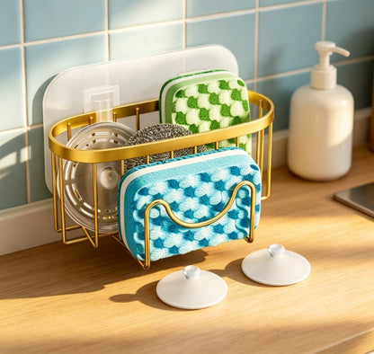 Rustproof Stainless Steel Sponge Caddy | Suction Cup Sink Organizer | Hollowed Fast Drainage Sponge Rack with Integrated Hanging Hook