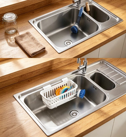 Rustproof Stainless Steel Sponge Caddy | Suction Cup Sink Organizer | Hollowed Fast Drainage Sponge Rack with Integrated Hanging Hook